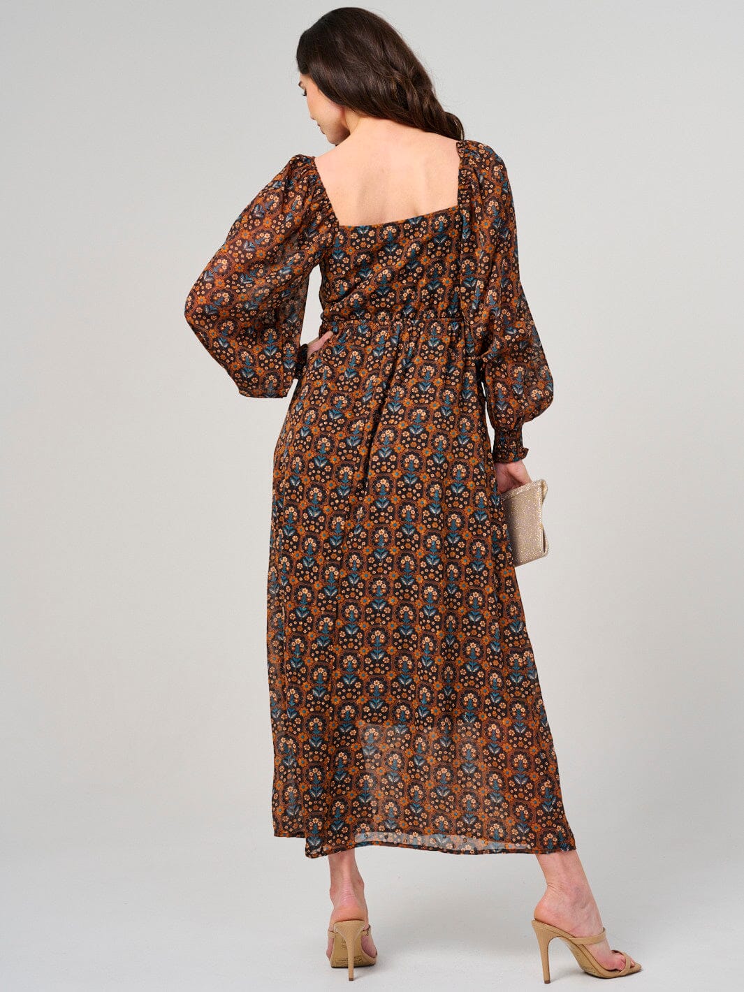 WOMEN'S LONG PUFF SLEEVE SMOCK SURPLICE FLORAL MAXI DRESS