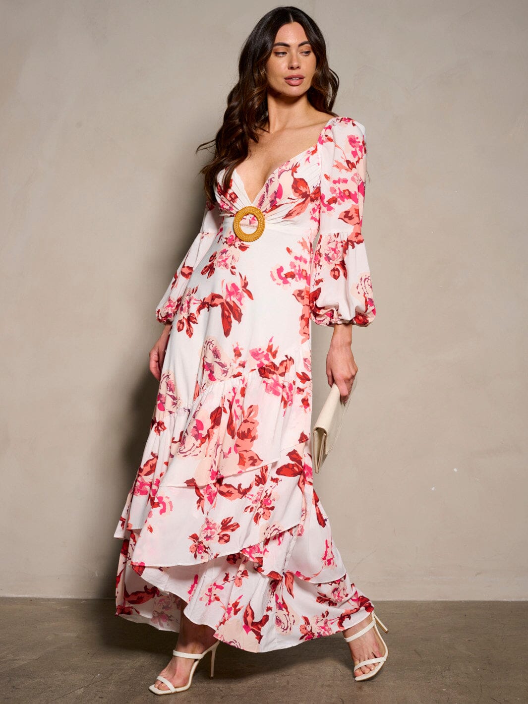 WOMEN'S LONG SLEEVE V-NECK BACK DETAILED RUFFLE FLORAL MAXI DRESS