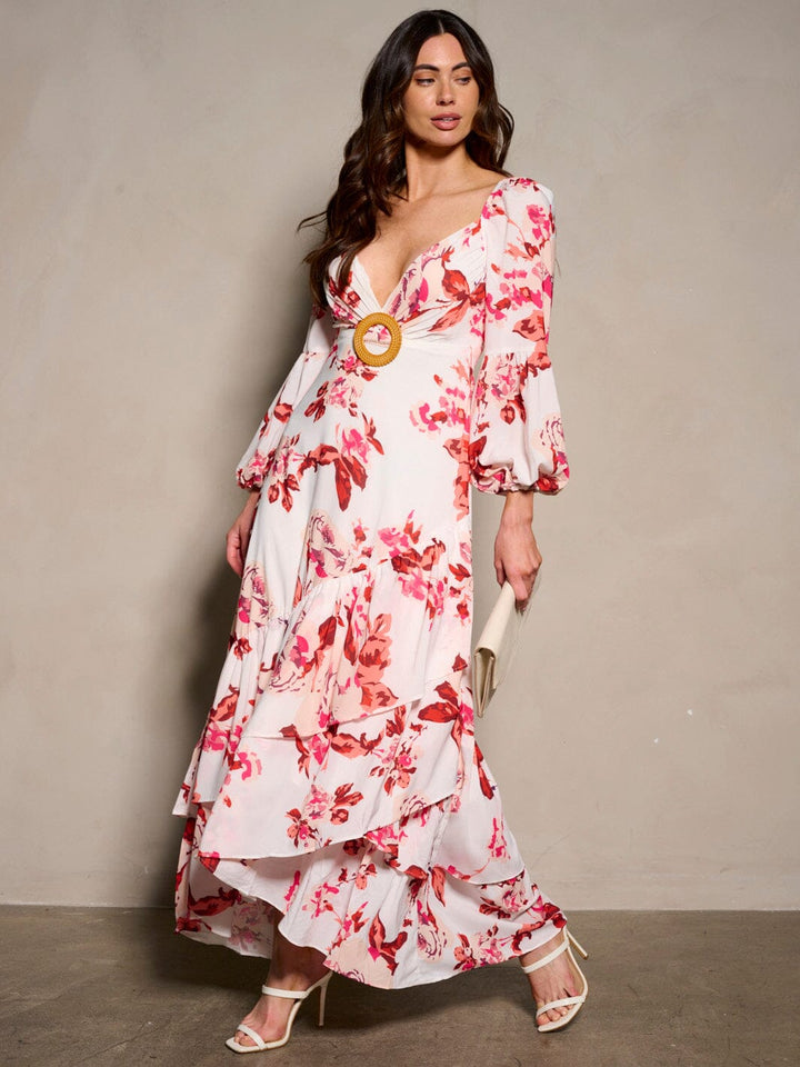 WOMEN'S LONG SLEEVE V-NECK BACK DETAILED RUFFLE FLORAL MAXI DRESS