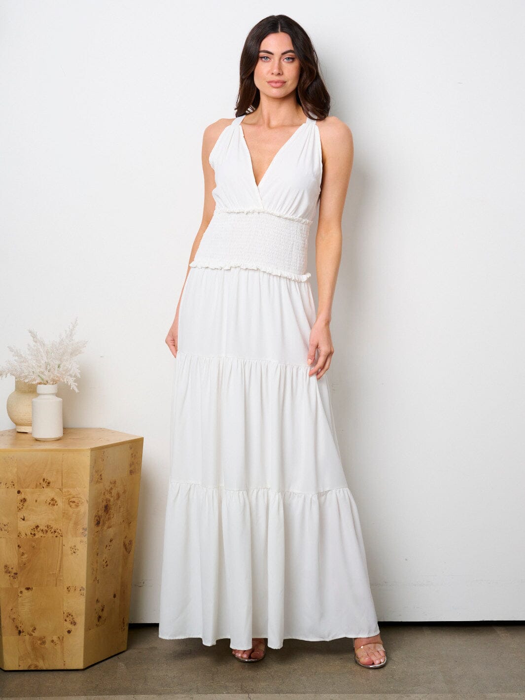 WOMEN'S SLEEVELESS HALTER NECK SMOCK TIERED MAXI DRESS