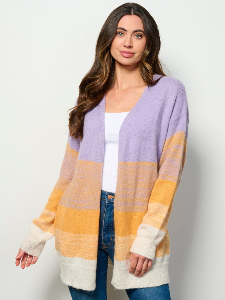 WOMEN'S LONG SLEEVE OPEN FRONT POCKETS COLORBLOCK CARDIGAN