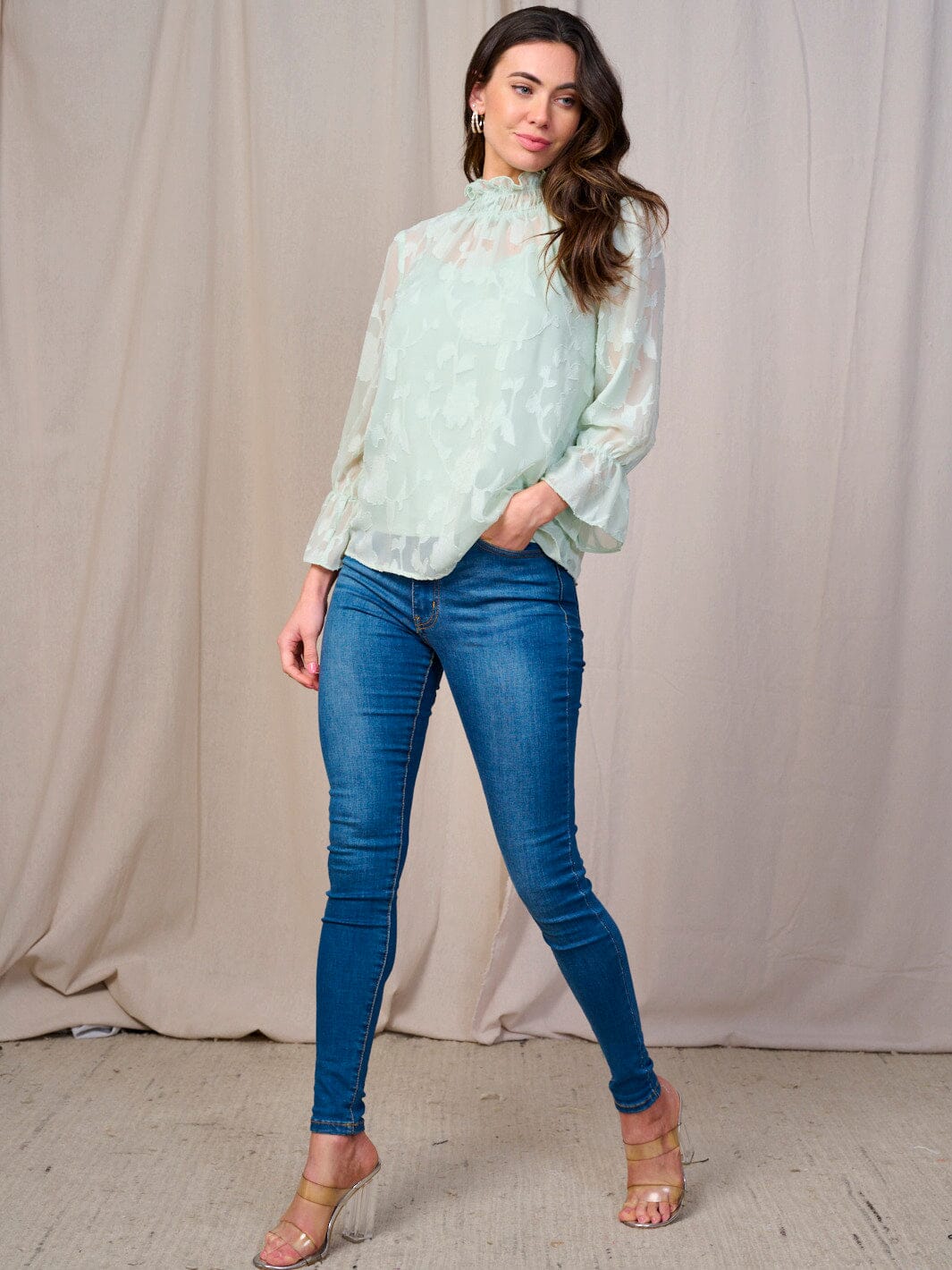 WOMEN'S LONG BELL SLEEVE MOCK NECK MESH FLORAL BLOUSE