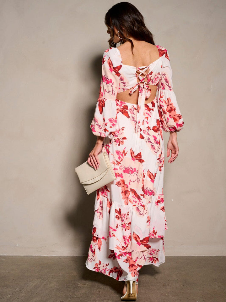 WOMEN'S LONG SLEEVE V-NECK BACK DETAILED RUFFLE FLORAL MAXI DRESS