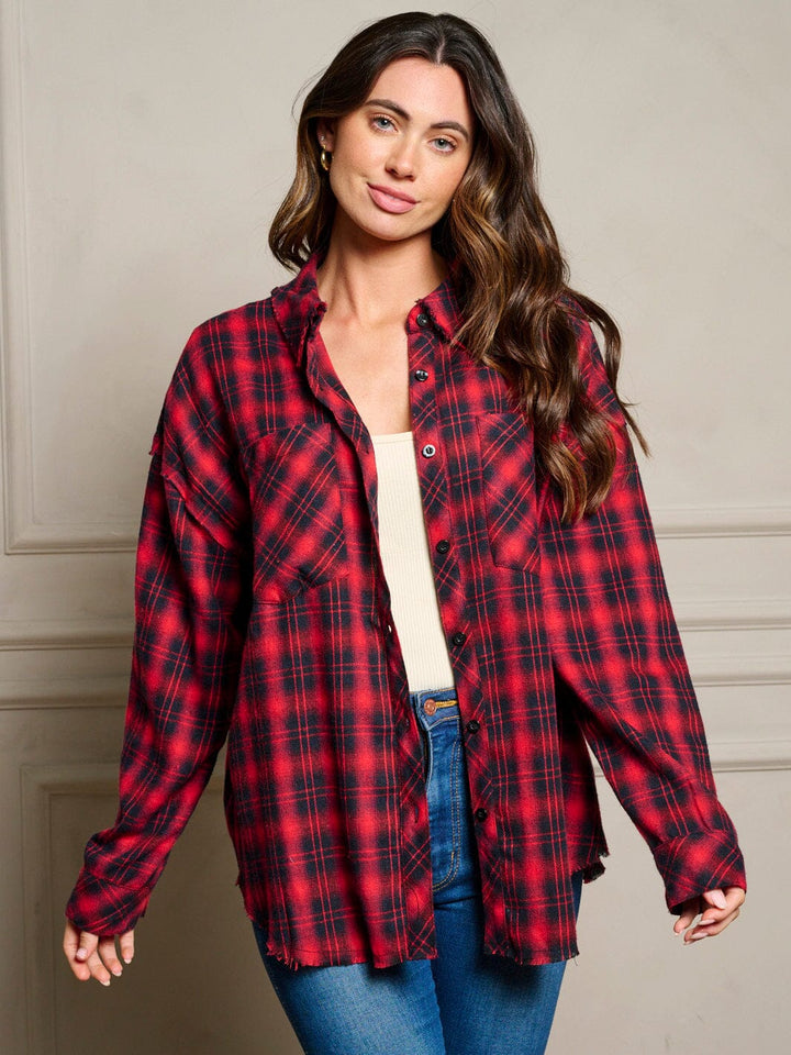 WOMEN'S LONG SLEEVES BUTTON UP FRONT POCKETS PLAID GRAPHIC OVERSIZED TOP