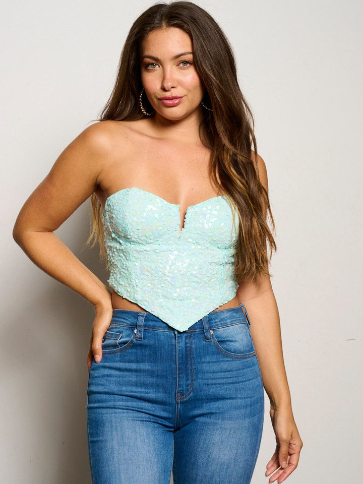 WOMENS SLEEVELESS V-NECK SEQUINS TUBE CROP TOP