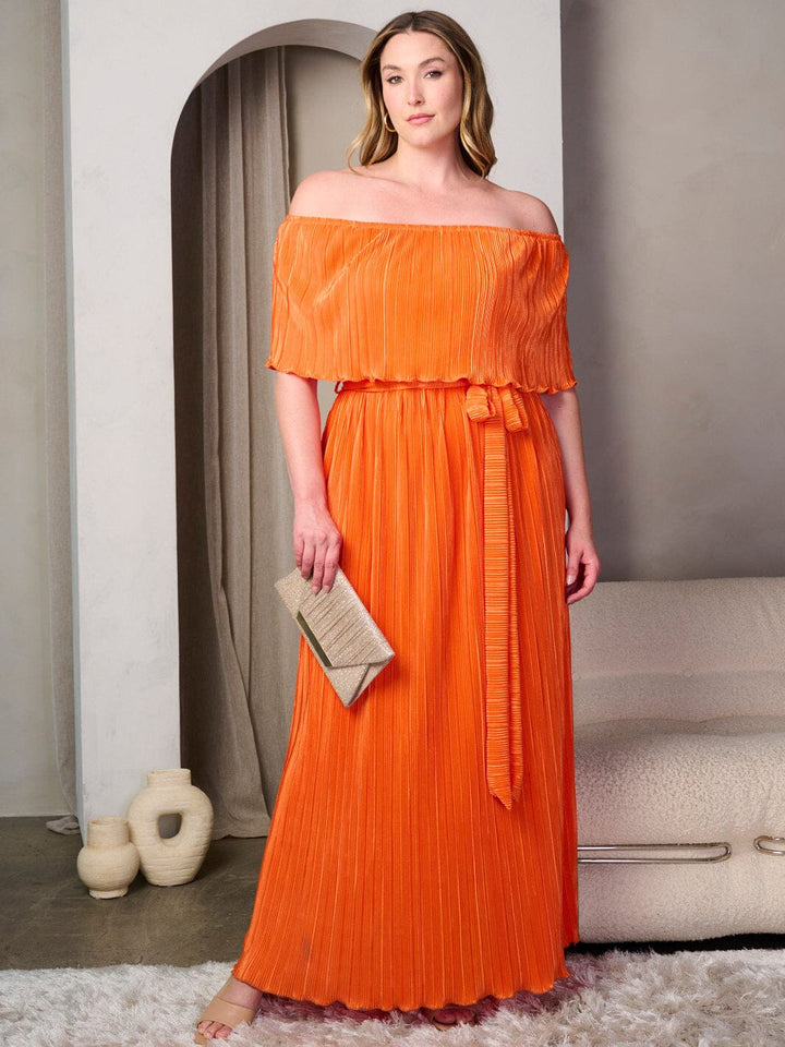PLUS SIZE OFF SHOULDER RUFFLE SELF TIE PLEATED MAXI DRESS