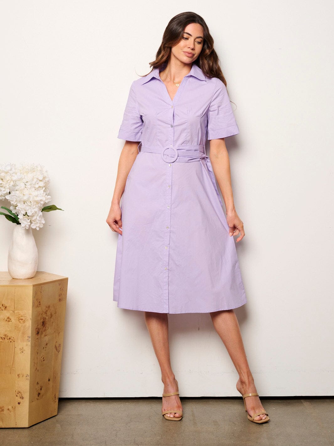 WOMEN'S SHORT SLEEVE BUTTON UP MIDI DRESS