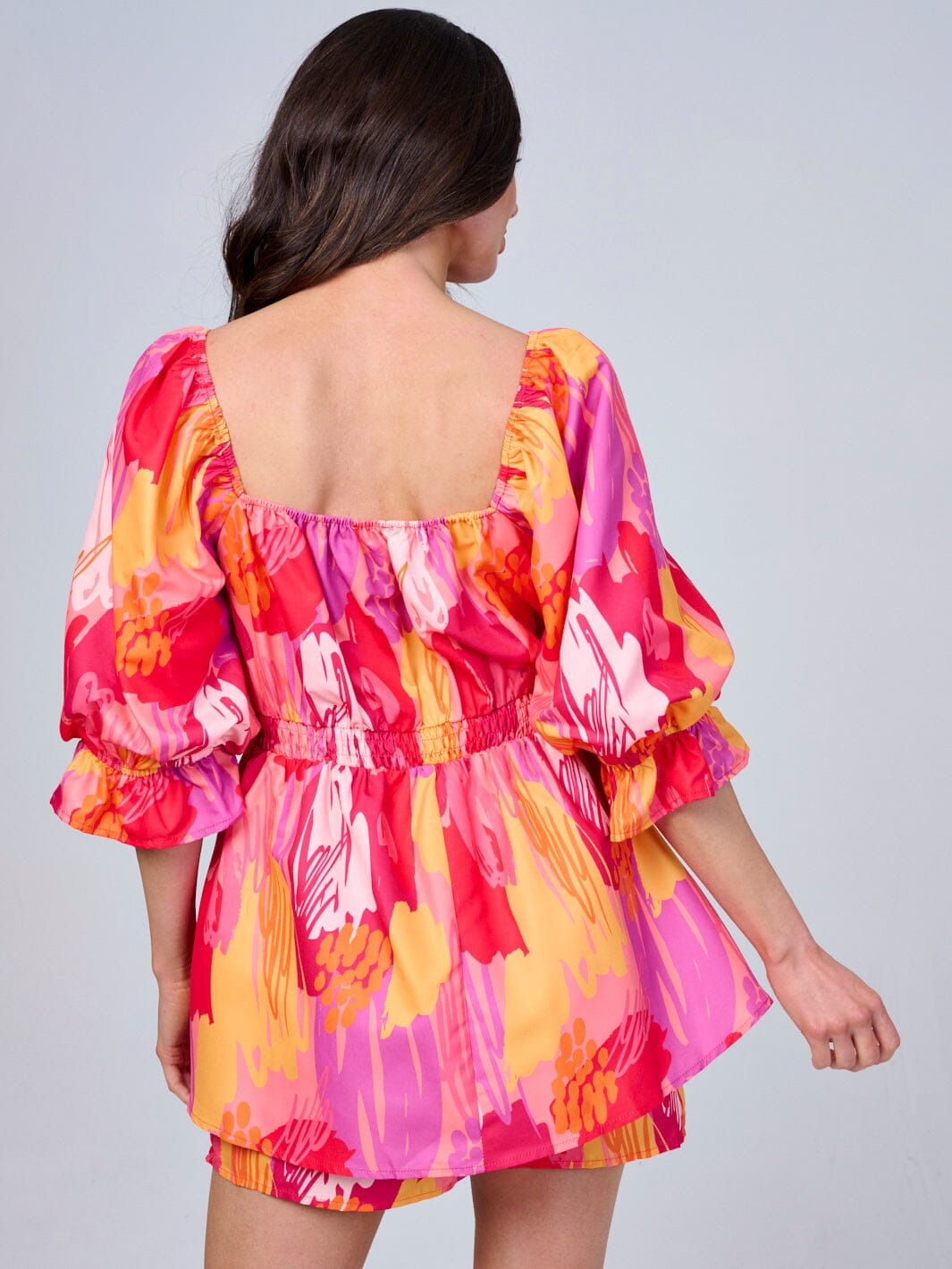 WOMEN'S SHORT PUFF SLEEVE FRONT POCKETS MULTI PRINT ROMPER