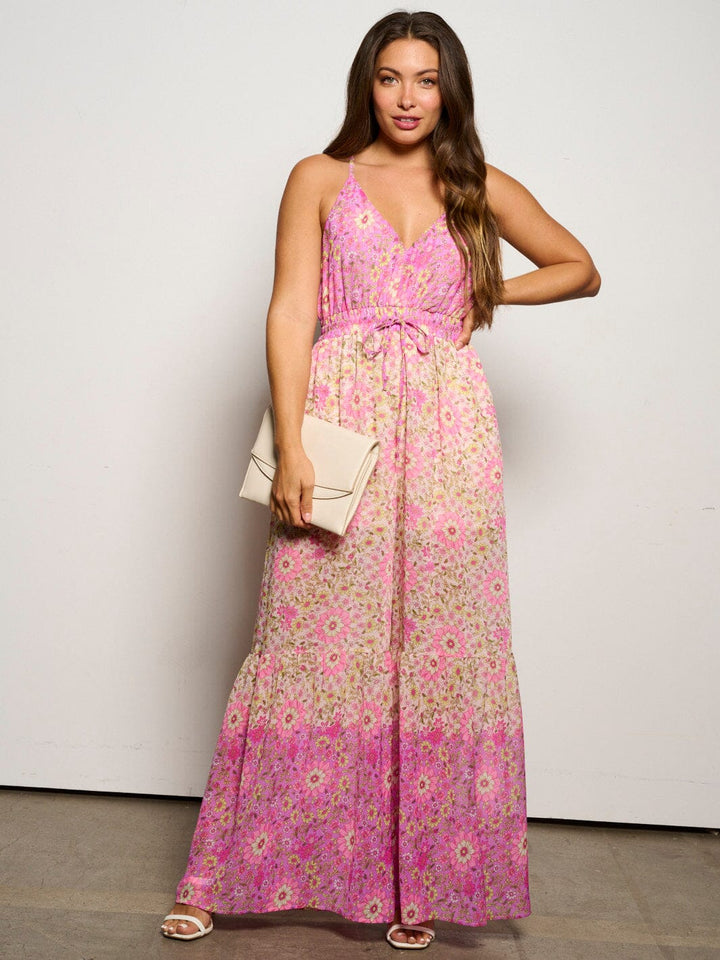 WOMEN'S SLEEVELESS V-NECK FRONT POCKETS FLORAL WIDE LEG JUMPSUIT