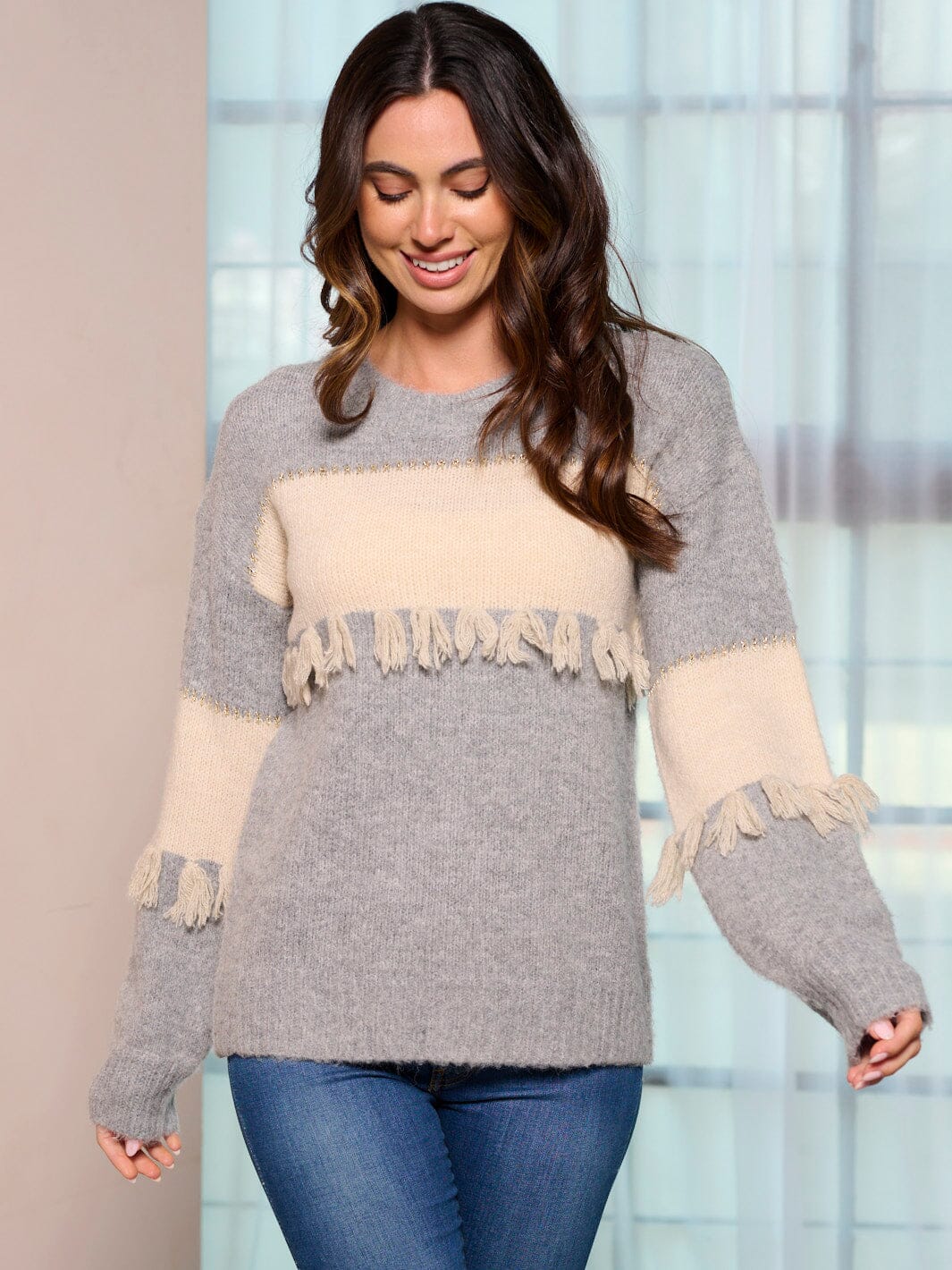 WOMEN'S LONG SLEEVE COLORBLOCK FRINGE PULLOVER SWEATER