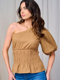 WOMEN'S ONE SHOULDER SMOCK WAIST TOP