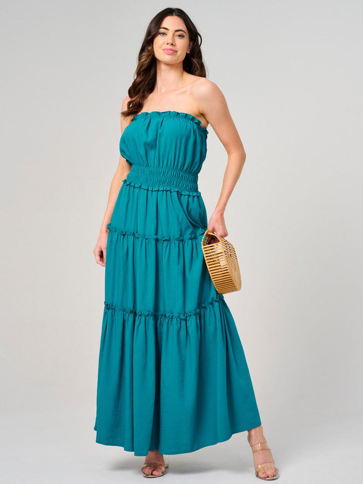 WOMEN'S SLEEVELESS SMOCK WAIST TIERED MAXI DRESS