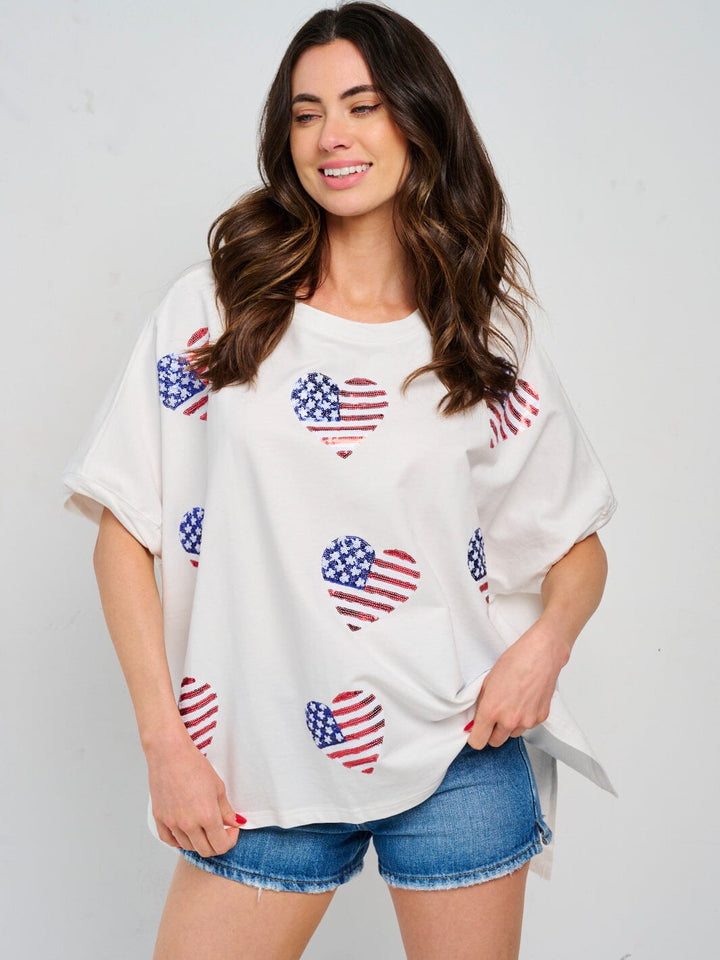 WOMEN'S SHORT SLEEVE HIGH-LOW PATRIOTIC HEARTS SHIRT
