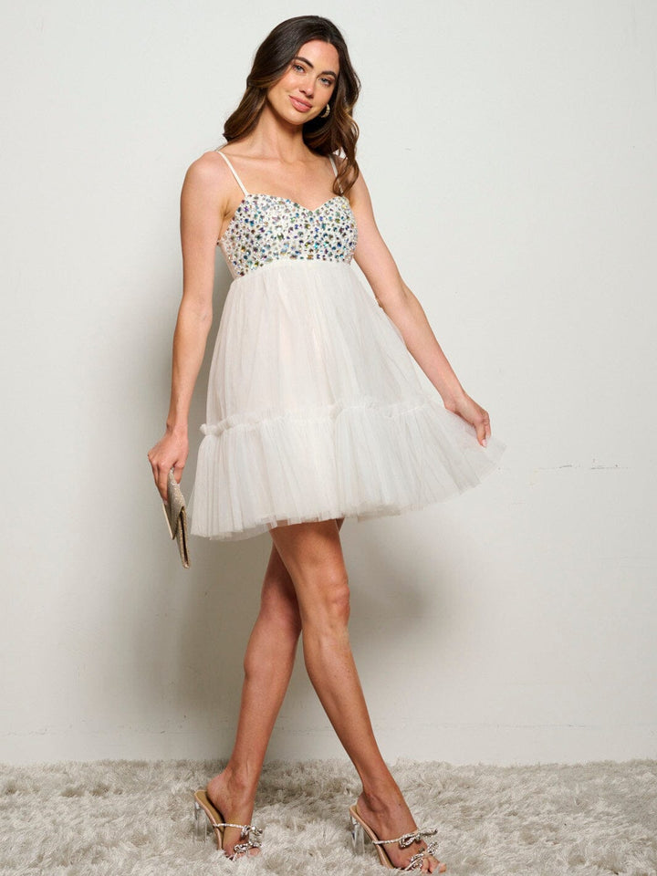 WOMEN'S SLEEVELESS TIERED RUFFLE STUDS DETAILED MINI DRESS