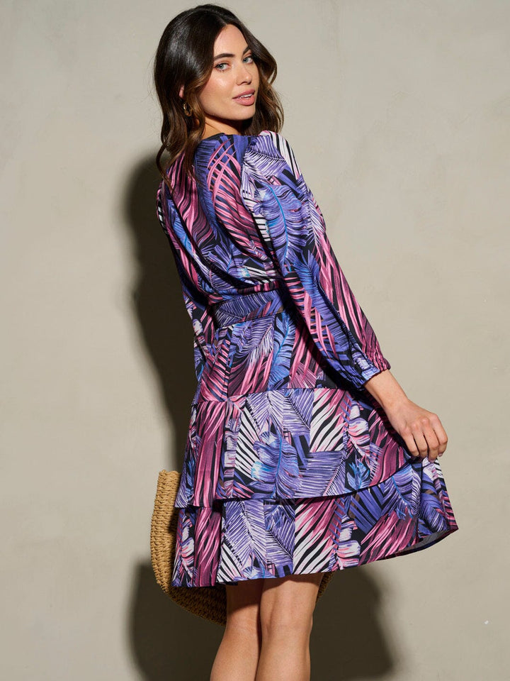 WOMEN'S LONG SLEEVE SURPLICE RUFFLE MULTI PRINT MINI DRESS