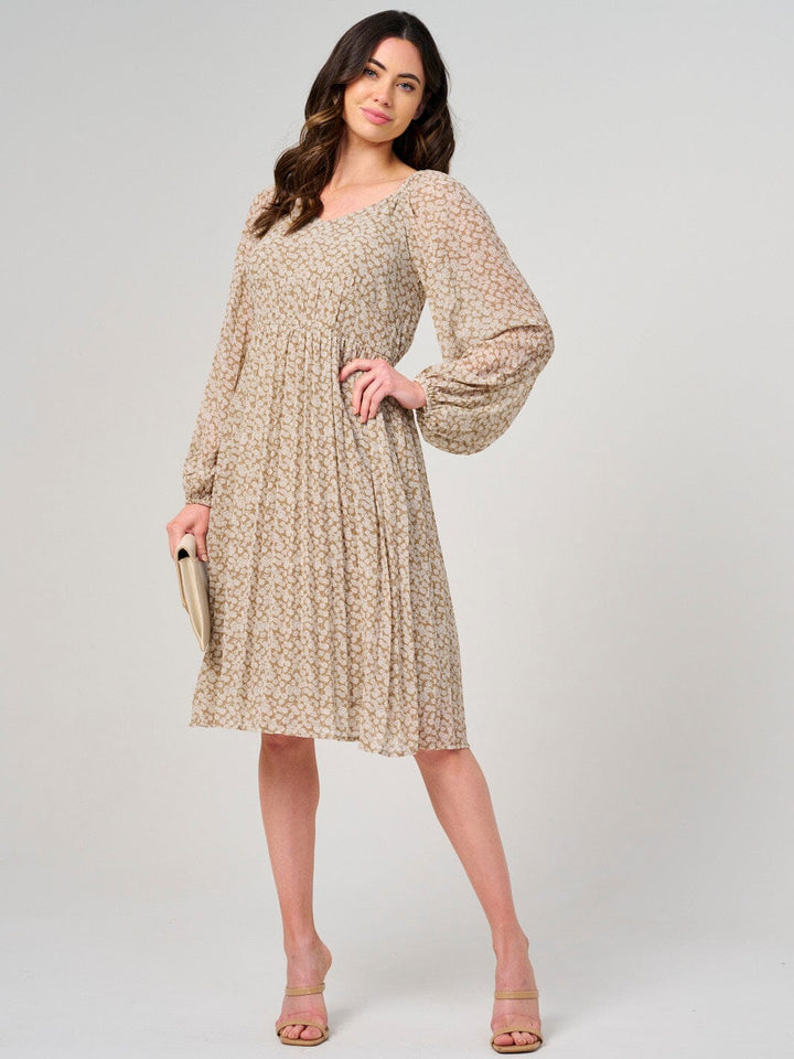 WOMEN'S LONG SLEEVE V-NECK ELASTIC WAIST FLORAL MIDI DRESS
