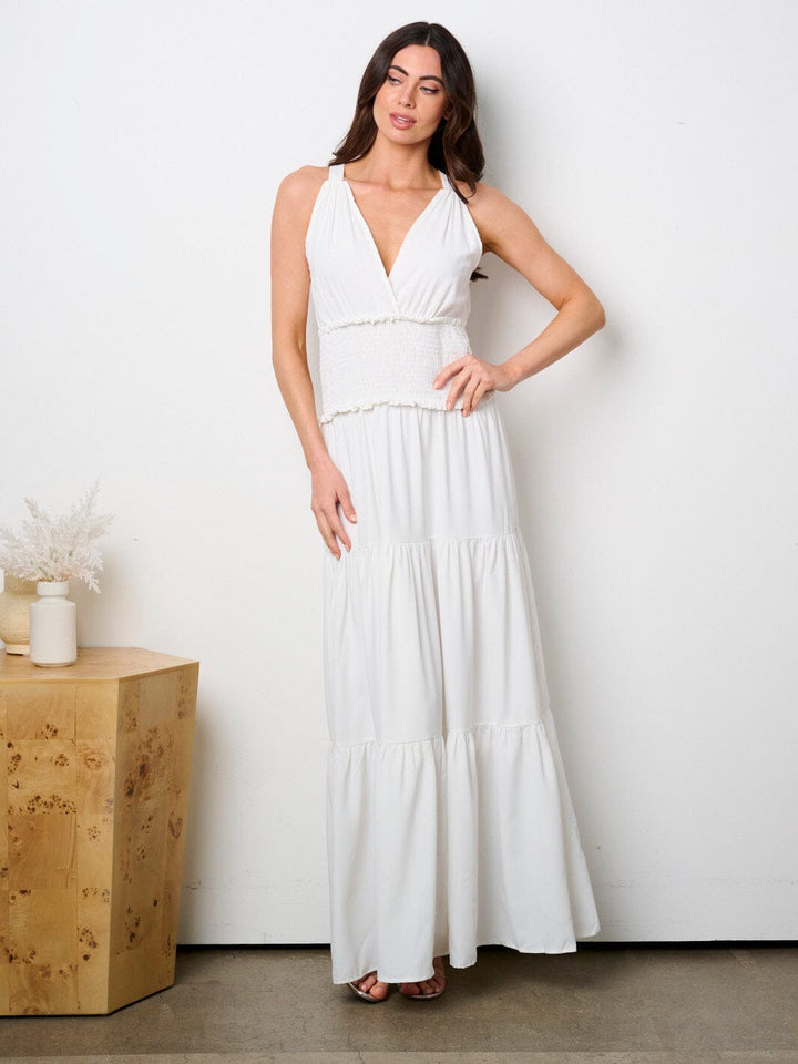 WOMEN'S SLEEVELESS HALTER NECK SMOCK TIERED MAXI DRESS