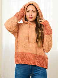 WOMEN'S LONG SLEEVE HOODED TWO TONE PULLOVER SWEATER