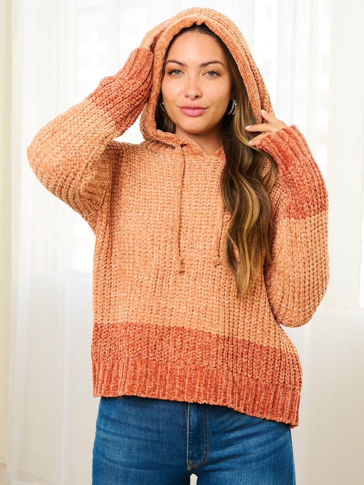 WOMEN'S LONG SLEEVE HOODED TWO TONE PULLOVER SWEATER