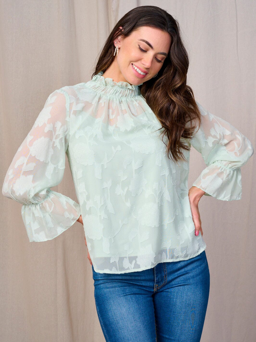 WOMEN'S LONG BELL SLEEVE MOCK NECK MESH FLORAL BLOUSE