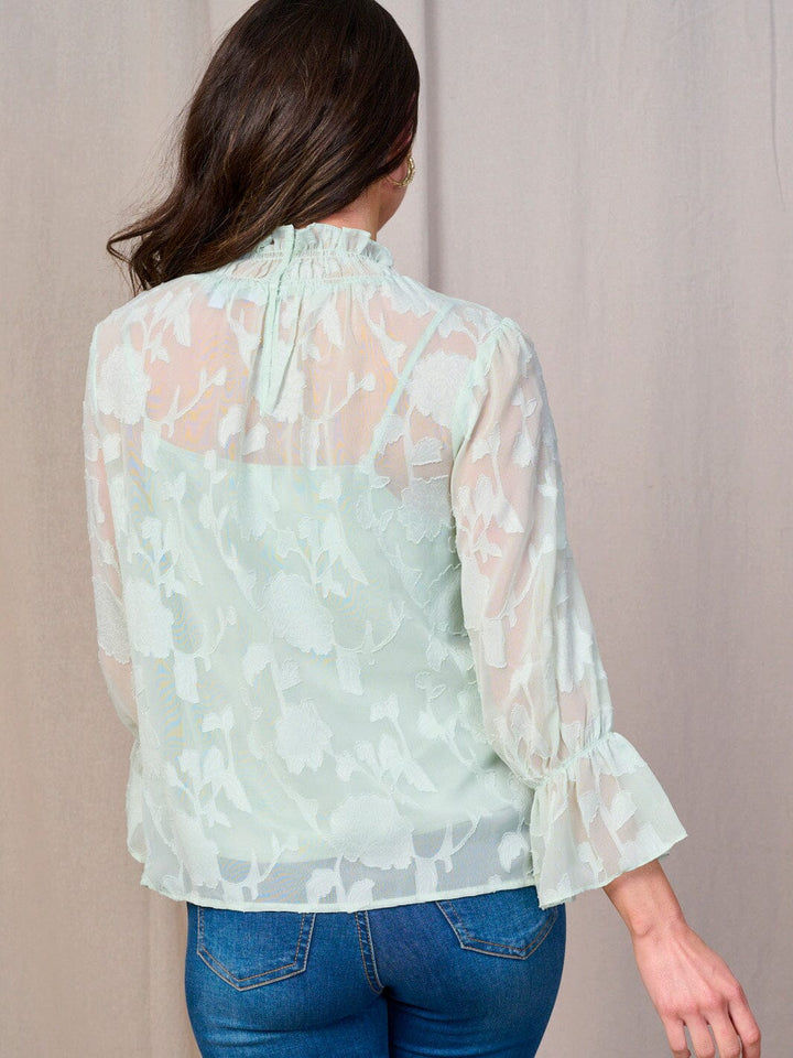 WOMEN'S LONG BELL SLEEVE MOCK NECK MESH FLORAL BLOUSE