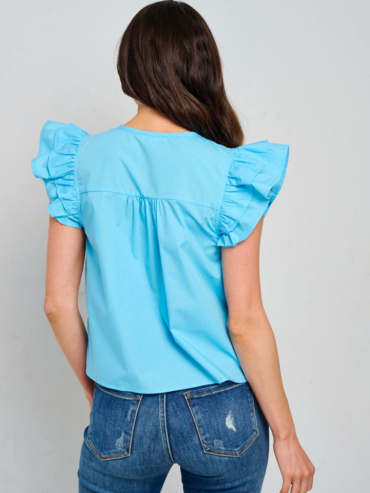 WOMEN'S SHORT RUFFLE SLEEVE V-NECK BLOUSE