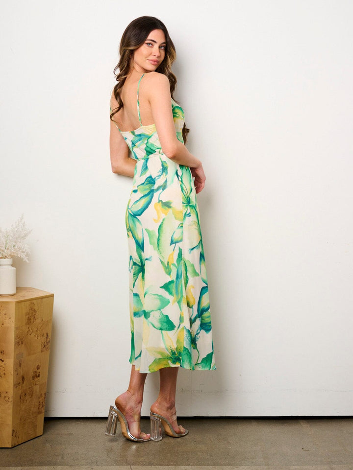 WOMEN'S SLEEVELESS COWL NECK SELF TIE FLORAL MAXI DRESS