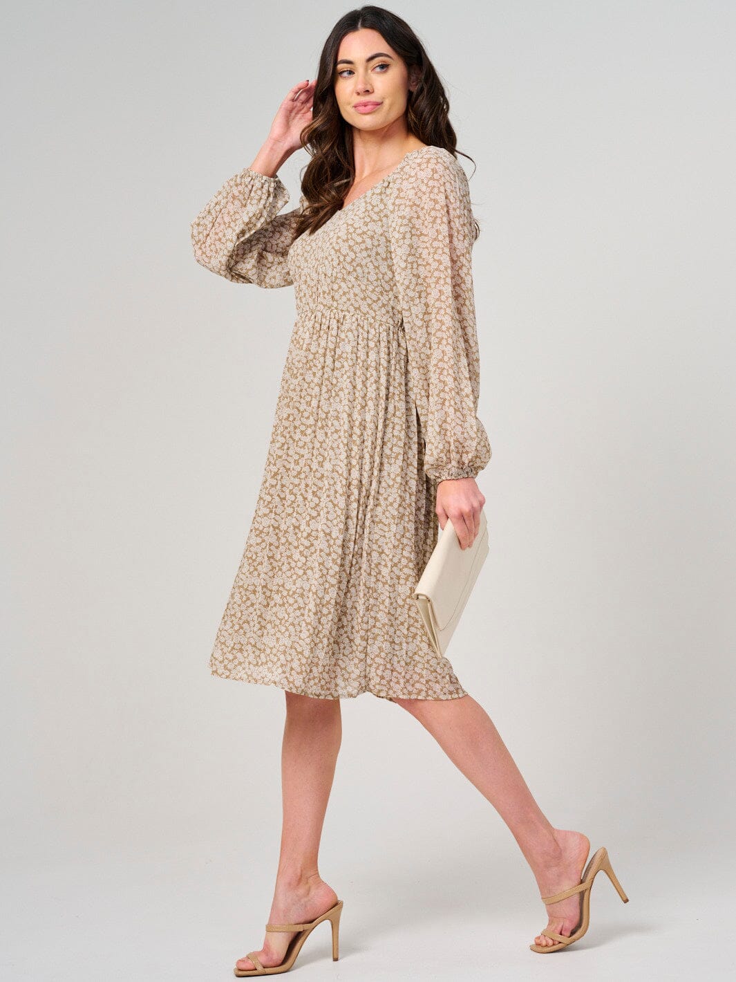 WOMEN'S LONG SLEEVE V-NECK ELASTIC WAIST FLORAL MIDI DRESS