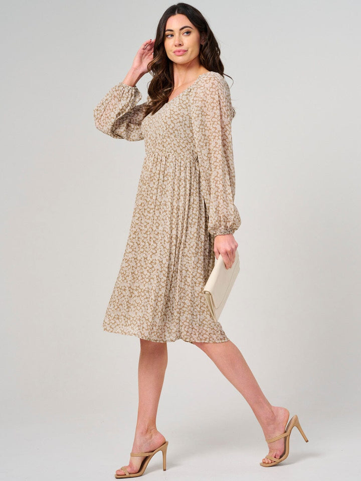 WOMEN'S LONG SLEEVE V-NECK ELASTIC WAIST FLORAL MIDI DRESS