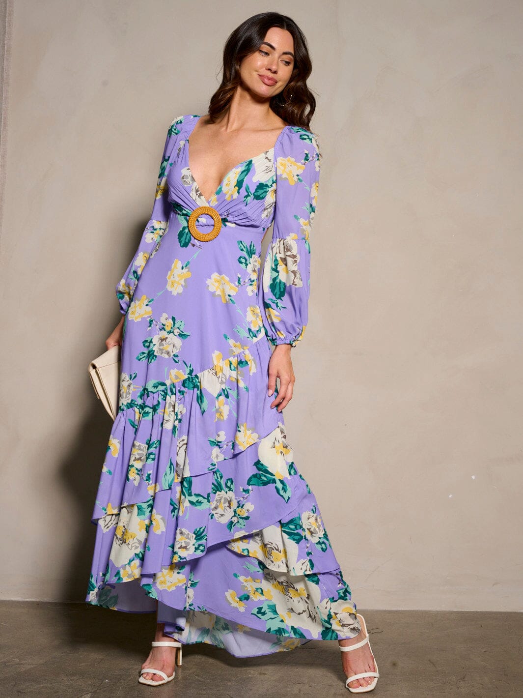 WOMEN'S LONG SLEEVE V-NECK BACK DETAILED RUFFLE FLORAL MAXI DRESS