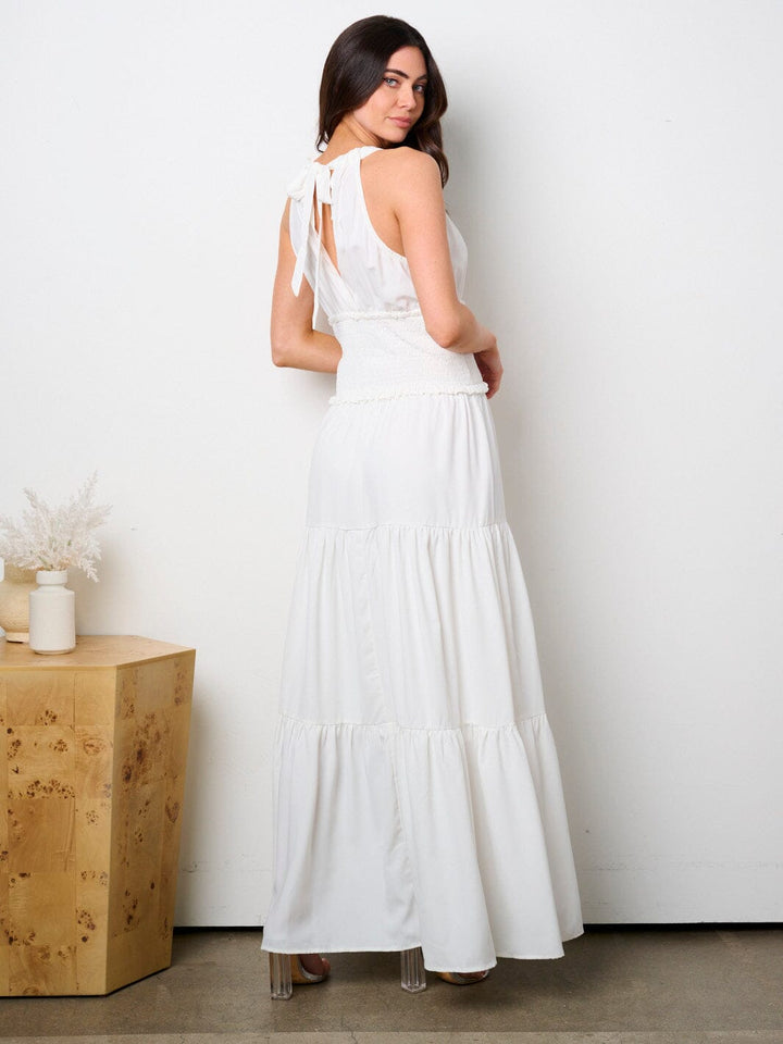 WOMEN'S SLEEVELESS HALTER NECK SMOCK TIERED MAXI DRESS