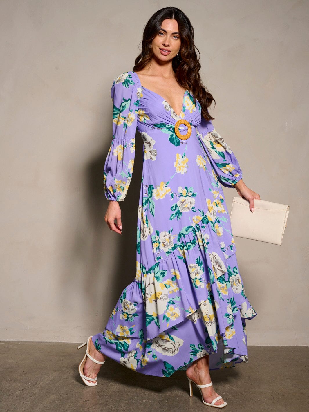 WOMEN'S LONG SLEEVE V-NECK BACK DETAILED RUFFLE FLORAL MAXI DRESS