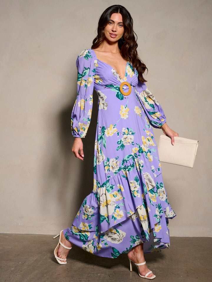 WOMEN'S LONG SLEEVE V-NECK BACK DETAILED RUFFLE FLORAL MAXI DRESS