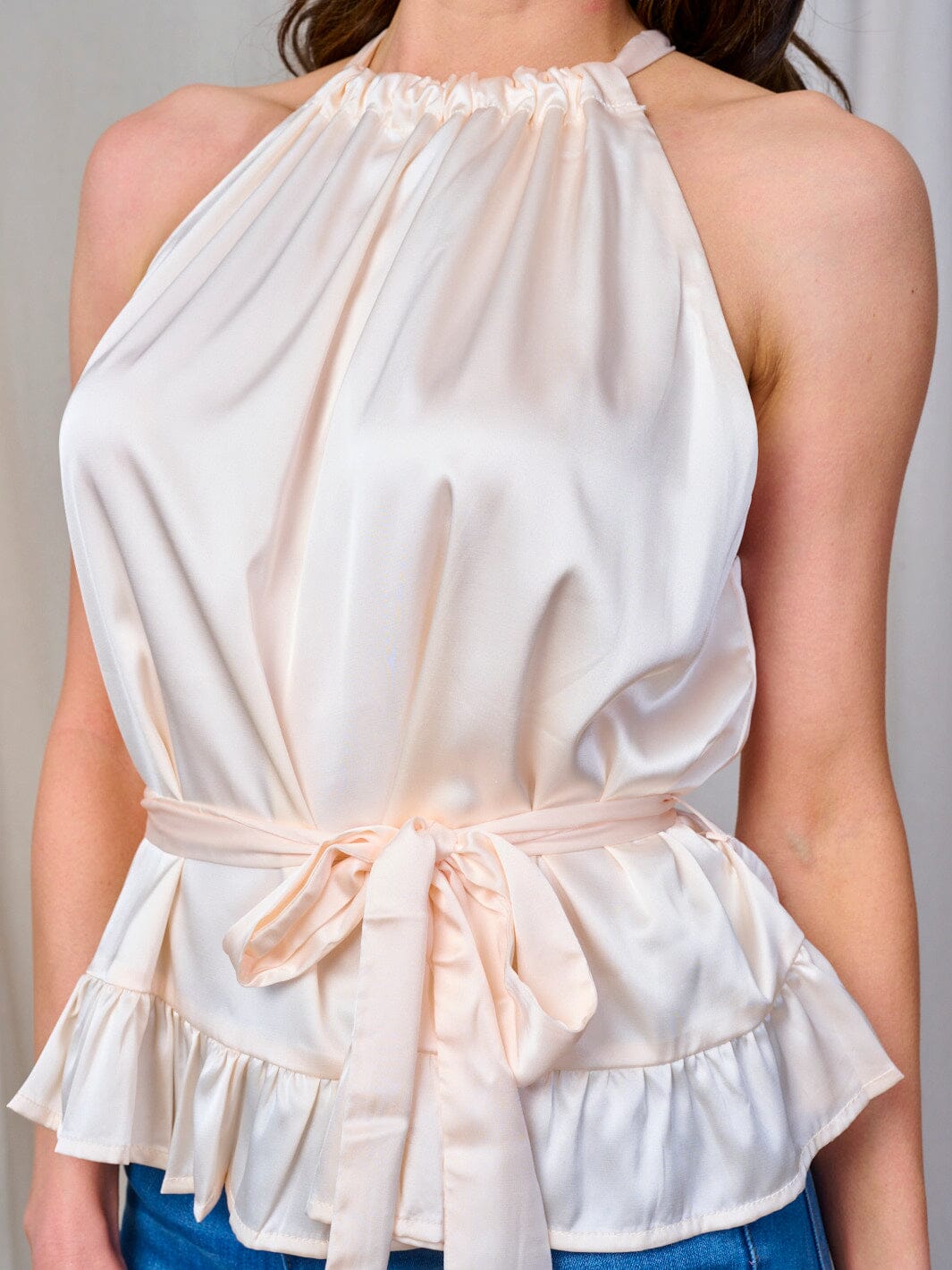 WOMEN'S SLEEVELESS HALTER NECK SELF TIE SATIN TOP