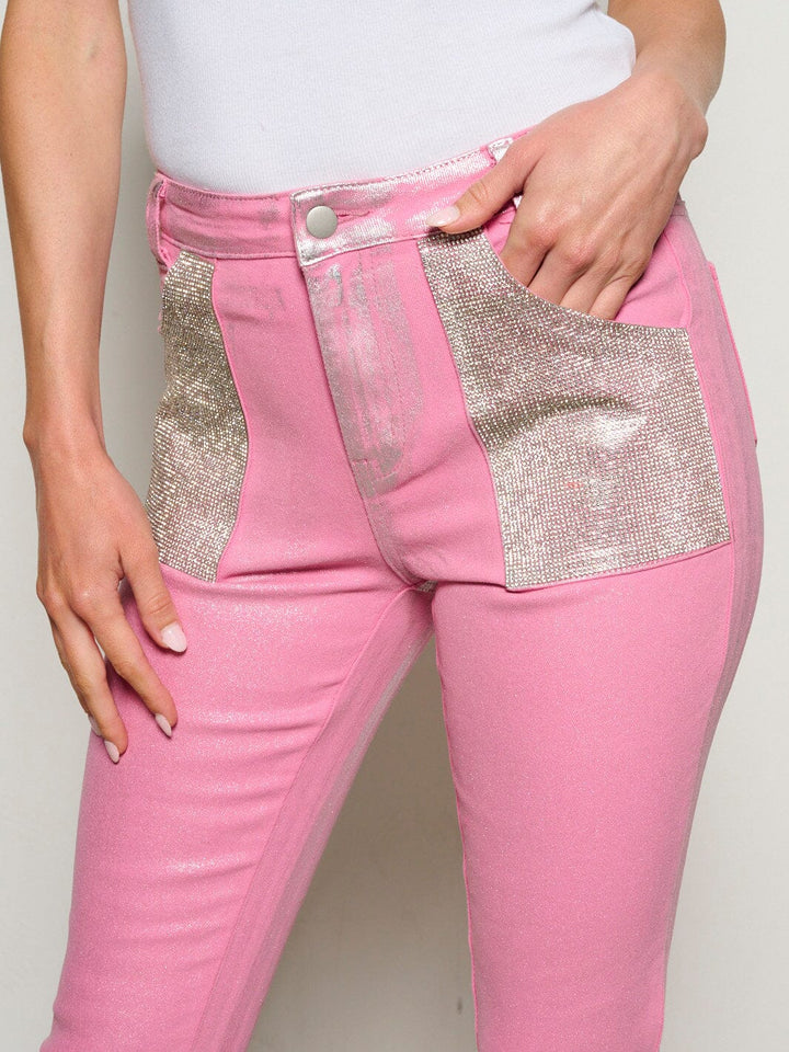 WOMEN'S BUTTON CLOSURE POCKETS STUDS SHIMMER SKINNY DENIM PANTS