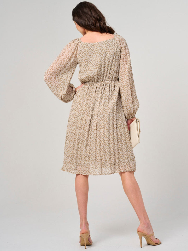 WOMEN'S LONG SLEEVE V-NECK ELASTIC WAIST FLORAL MIDI DRESS