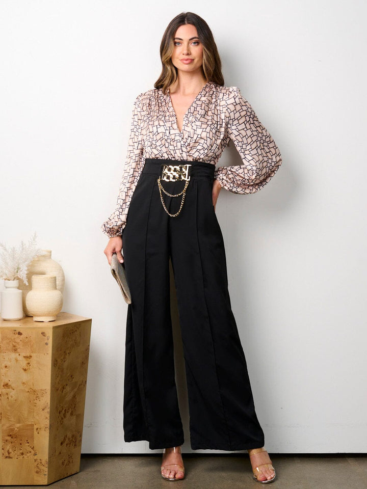 WOMEN'S LONG SLEEVE V-NECK POCKETS MULTI PRINT JUMPSUIT