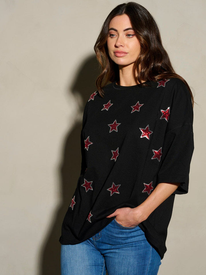 WOMEN'S SHORT SLEEVE SEQUINS STARS PATRIOTIC TUNIC BLOUSE TOP
