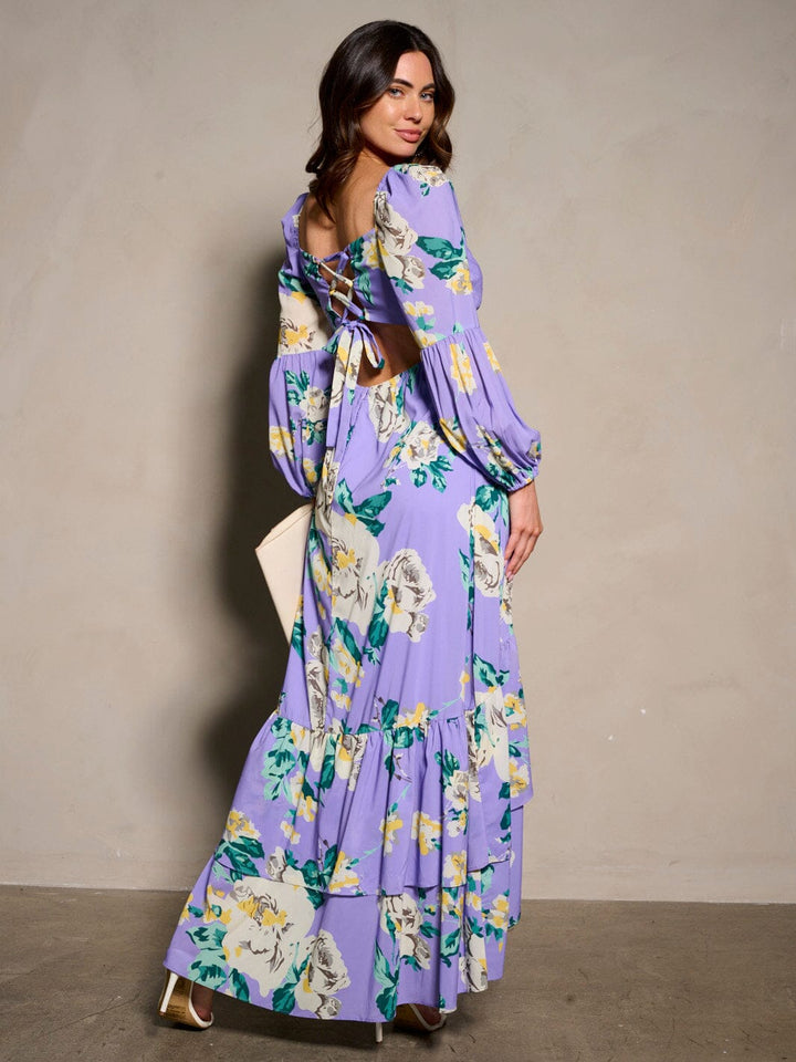 WOMEN'S LONG SLEEVE V-NECK BACK DETAILED RUFFLE FLORAL MAXI DRESS