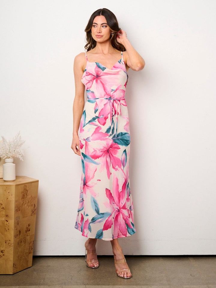 WOMEN'S SLEEVELESS COWL NECK SELF TIE FLORAL MAXI DRESS
