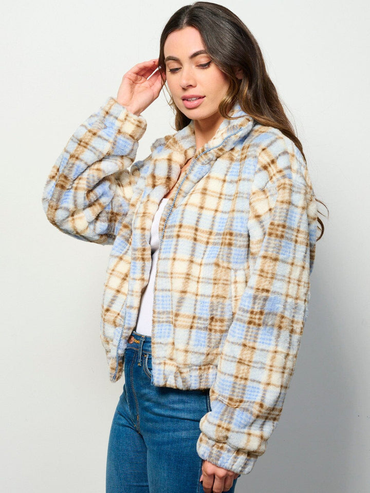 WOMEN'S LONG SLEEVE ZIP UP FRONT POCKETS PLAID FUZZY JACKET