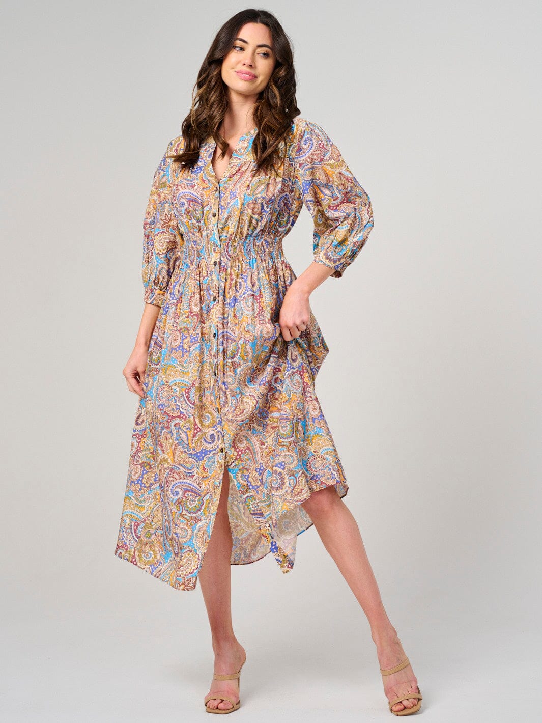 WOMEN'S 3/4 SLEEVE BUTTON CLOSURE PAISLEY PRINT MIDI DRESS