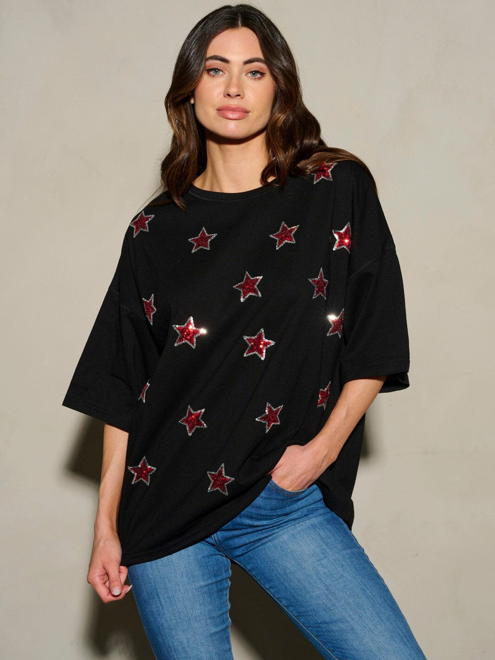 WOMEN'S SHORT SLEEVE SEQUINS STARS PATRIOTIC TUNIC BLOUSE TOP