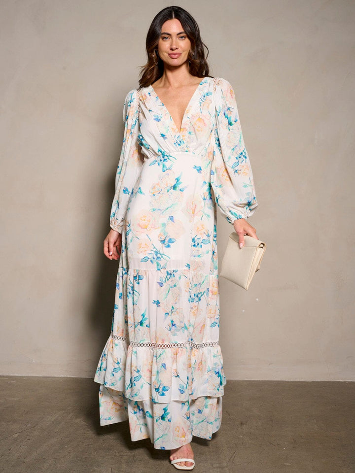 WOMEN'S LONG SLEEVE V-NECK SLIT FLORAL MAXI DRESS