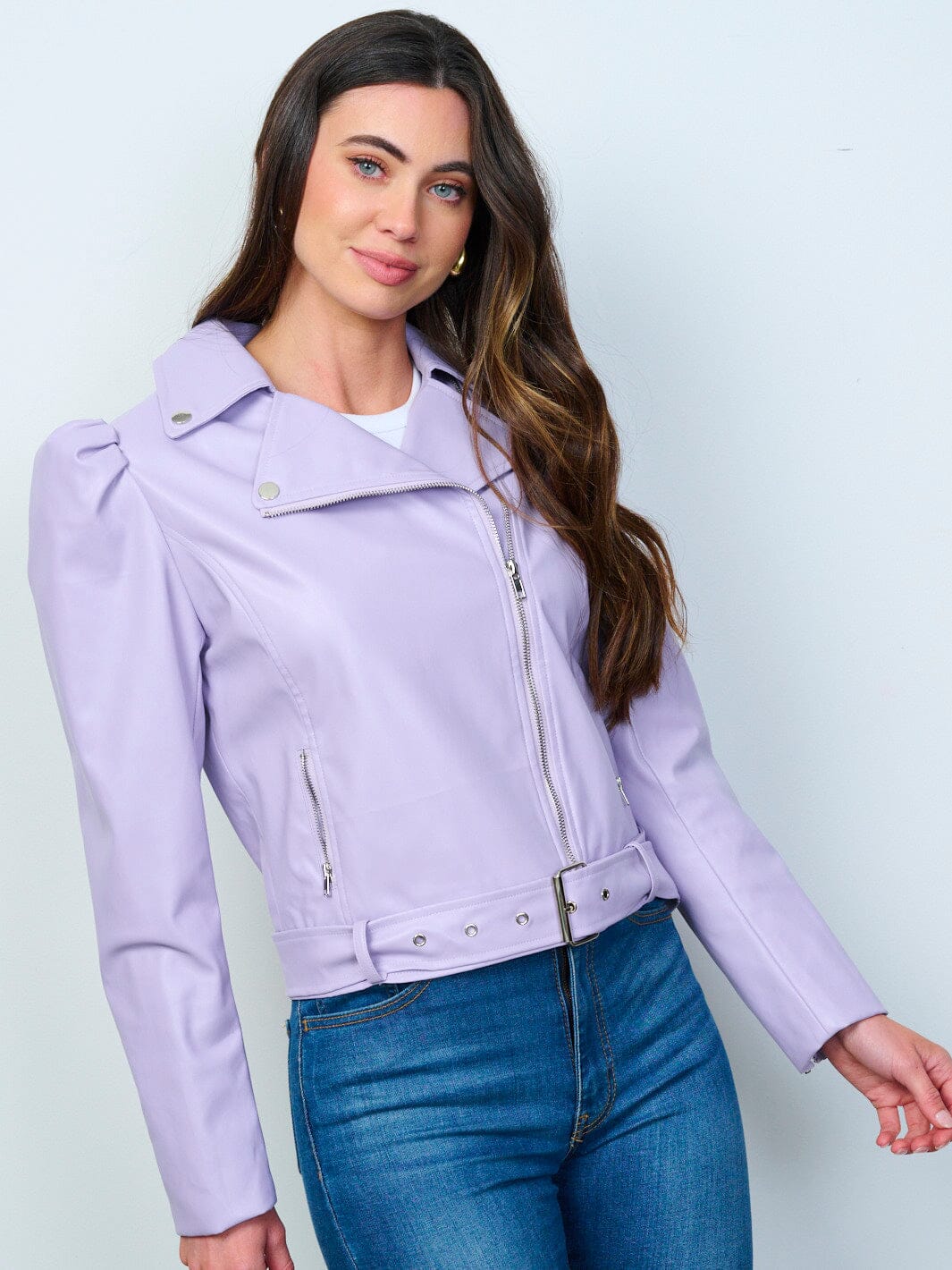 WOMEN'S LONG SLEEVE ZIP UP FRONT POCKETS PU PLEATHER BELTED JACKET