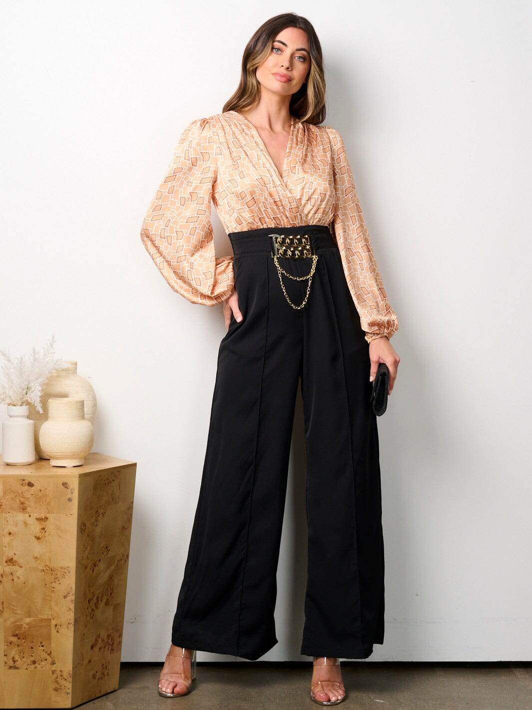 WOMEN'S LONG SLEEVE V-NECK POCKETS MULTI PRINT JUMPSUIT