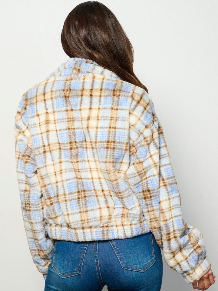 WOMEN'S LONG SLEEVE ZIP UP FRONT POCKETS PLAID FUZZY JACKET