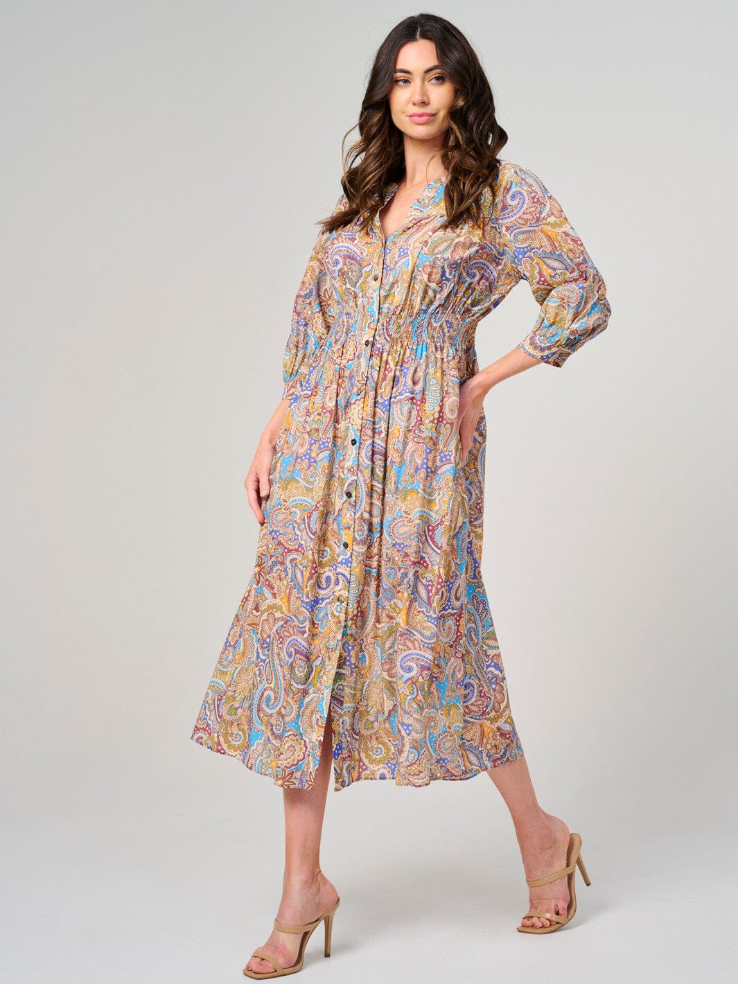 WOMEN'S 3/4 SLEEVE BUTTON CLOSURE PAISLEY PRINT MIDI DRESS