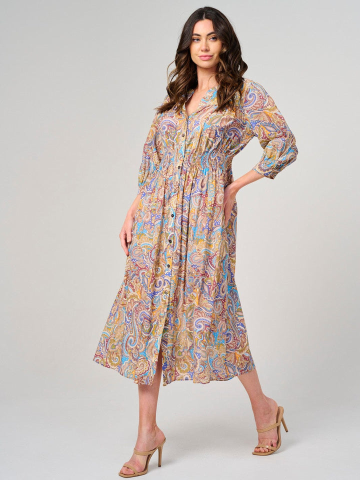 WOMEN'S 3/4 SLEEVE BUTTON CLOSURE PAISLEY PRINT MIDI DRESS