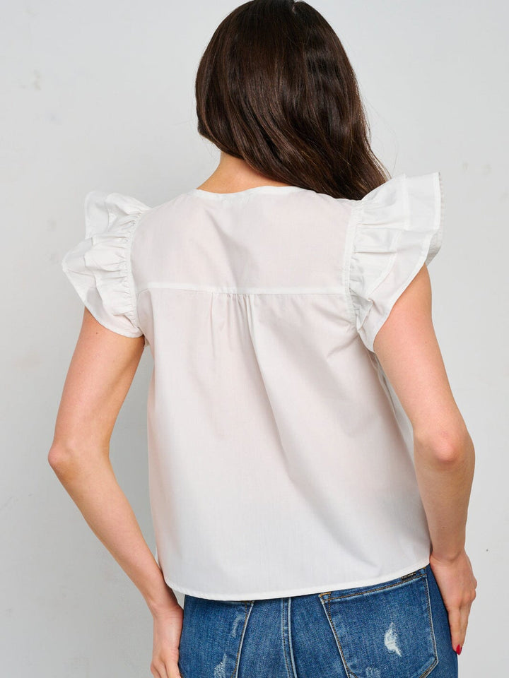 WOMEN'S SHORT RUFFLE SLEEVE V-NECK BLOUSE
